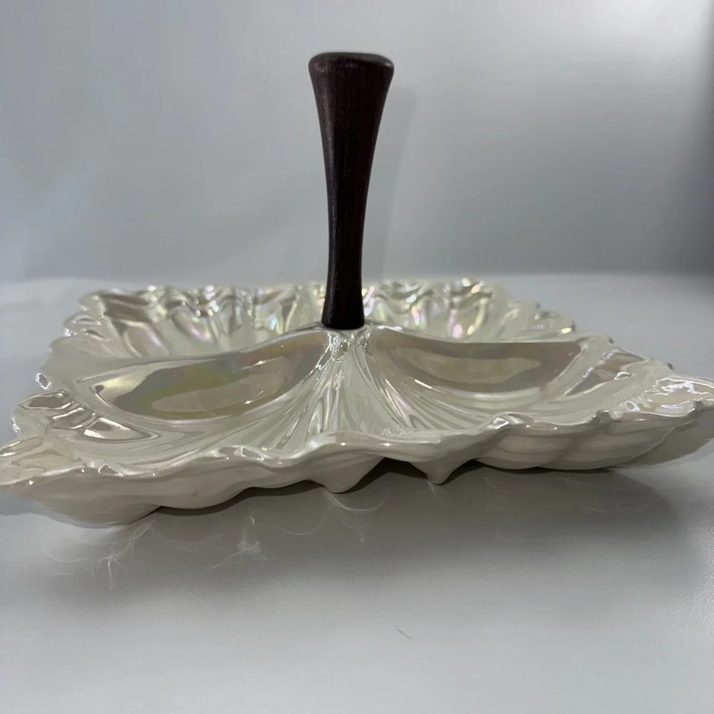 Vintage Maddux Ceramic Tidbit Tray: Iridescent with Wood Centerpiece MCM
